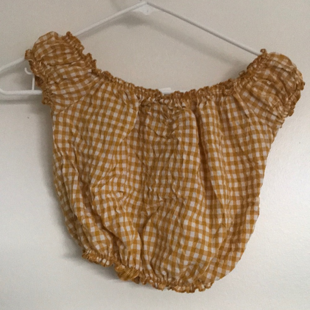 mustard gingham rio off shoulder crop top shirt